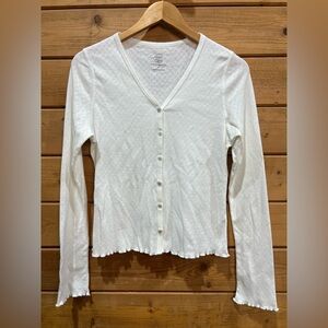 Margaret O’Leary White Pointelle Knit Cardigan Ruffle Hem & Cuffs Medium
